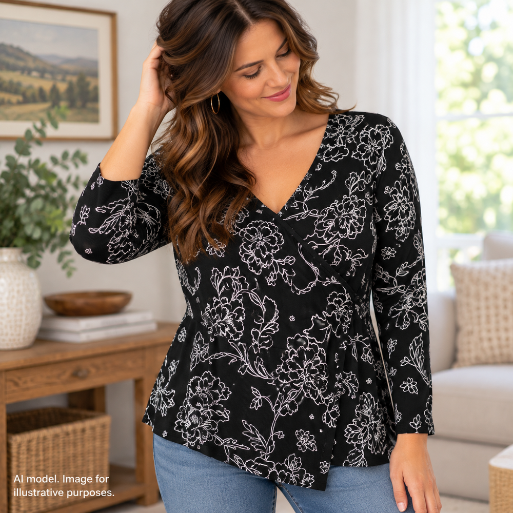 Chicos Travelers Shirt 2 Womens L Black White Floral Artsy Flowy Liquid Knit